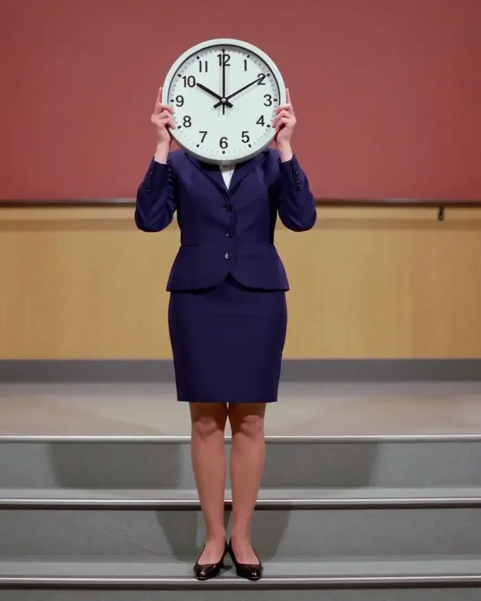 Una manager con un grande orologio davanti al viso